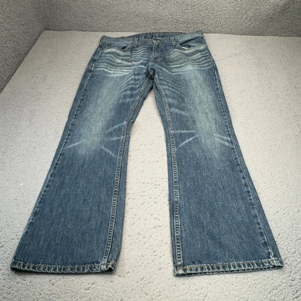 Levi's 527 Slim Bootcut Mens 36x30 Blue Denim Jeans Whiskers Faded Cotton Mid